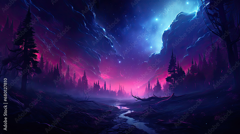 lanscape sky with stars, Galaxy Moon Sky in Forest,starry sky. Misty hills, rising moon, dark forest, mountains lanscape sky with stars, Galaxy Moon Sky in Forest,starry sky. Misty hills, rising moon, dark forest, mountains