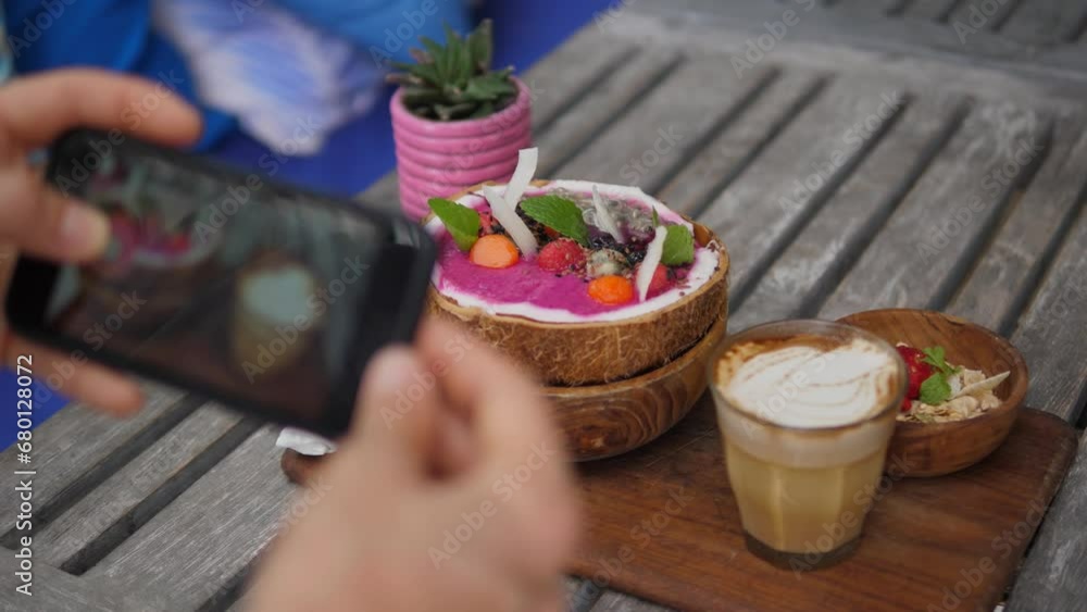 Dynamic video of blogger captures food: smoothie bowl, cappuccino, dessert Cinematic shot: visual feast of delectable delights this food blogger shares in social media Concept work as food blogger Dynamic video of blogger captures food: smoothie bowl, cappuccino, dessert Cinematic shot: visual feast of delectable delights this food blogger shares in social media Concept work as food blogger
