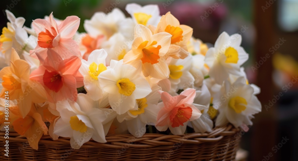 Beautiful bouquet of flowers in a basket on the table. Springtime Concept with Copy Space. Mothers Day Concept.