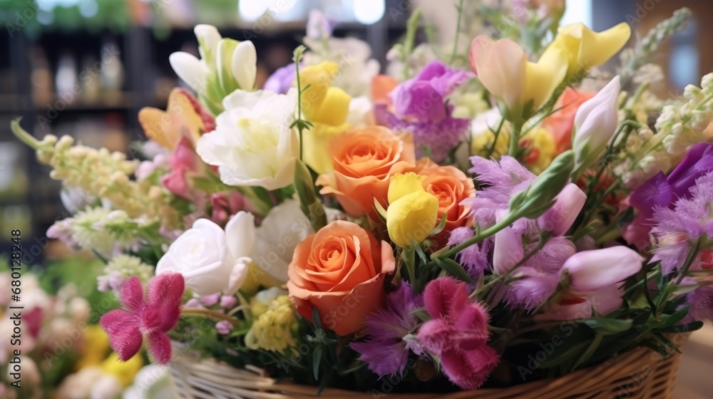 Beautiful bouquet of flowers in a basket on the table. Springtime Concept with Copy Space. Mothers Day Concept.