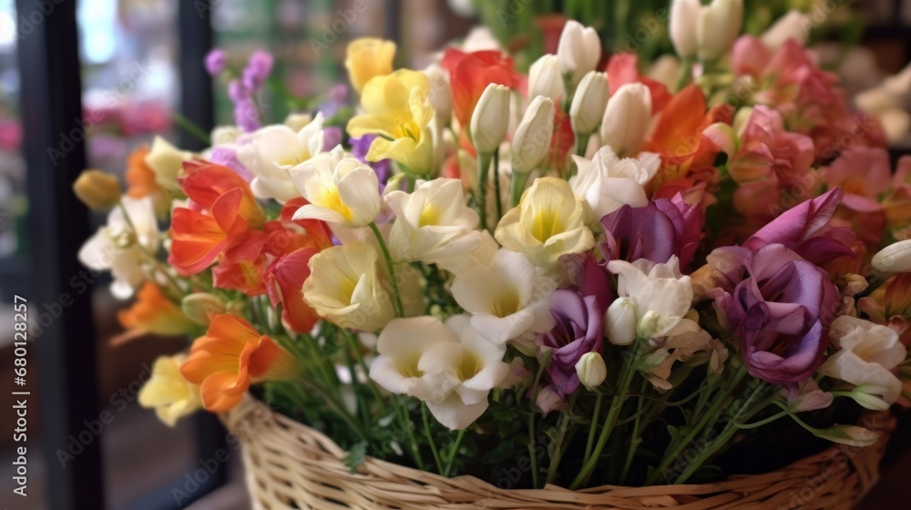 Bouquet of colorful freesia flowers in a basket. Springtime Concept with Copy Space. Mothers Day Concept.