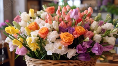 Bouquet of colorful freesia flowers in a basket. Springtime Concept with Copy Space. Mothers Day Concept. © John Martin