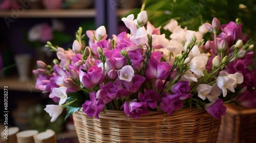 bouquet of freesia flowers in a wicker basket. Springtime Concept with Copy Space. Mothers Day Concept.