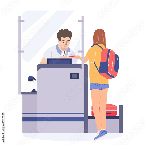 Airport terminal with check desk. Girl with suitcases standing near counter checking documents and tickets for flight. Check-in and boarding concept with man worker. Cartoon flat vector illustration