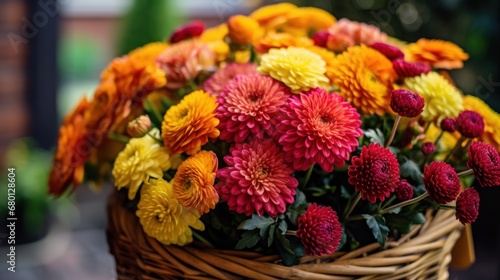 Colorful autumn chrysanthemum flowers in a basket. Springtime Concept with Copy Space. Mothers Day Concept.