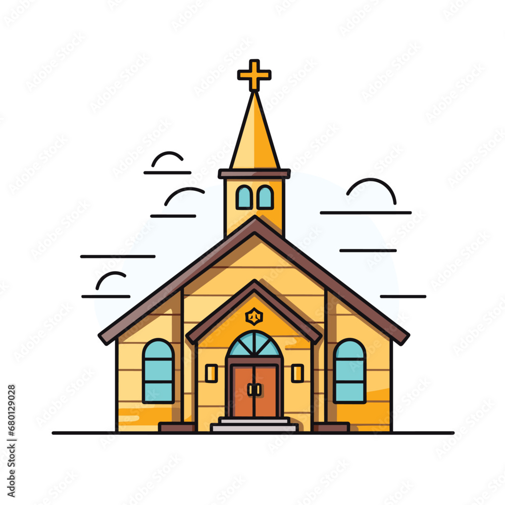 Catholic church building, cathedral. Cartoon religious architecture exterior, Vector illustration