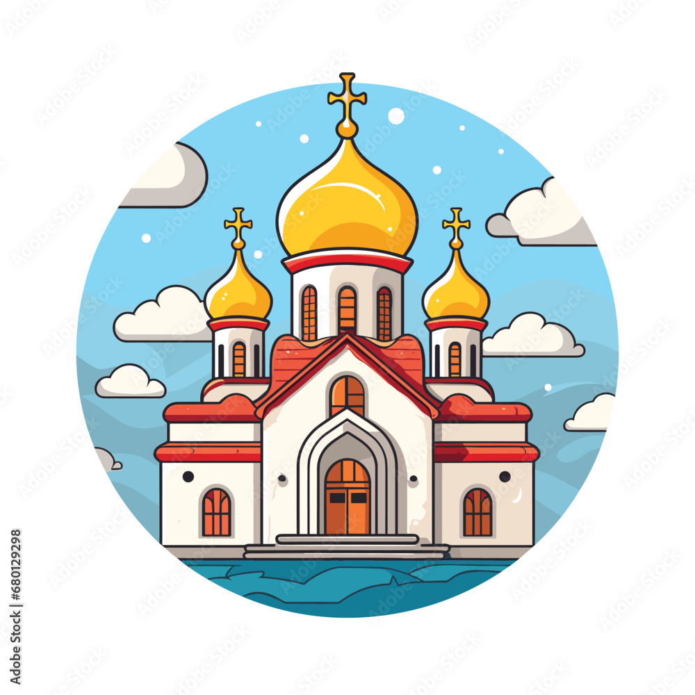Ortthodox church building, cathedral. Cartoon religious architecture exterior, Vector illustration