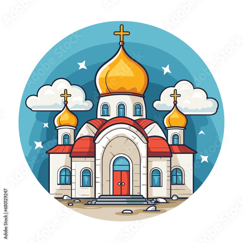 Ortthodox church building, cathedral. Cartoon religious architecture exterior, Vector illustration