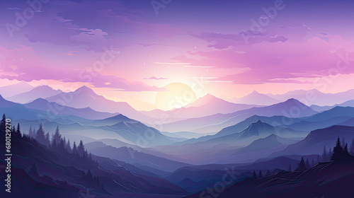 purple mountain landscape with fog and forest. Sunrise and sunset in mountains., vector illustration