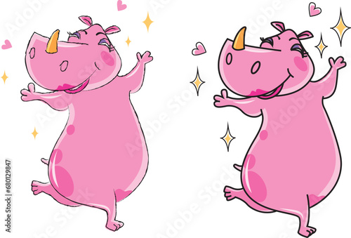 Two dancing pink cartoon rhinos