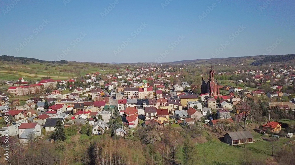 Kolaczyce, Poland - 9 9 2018: Photograph of the old part of a small town from a bird's flight. Aerial photography by drone or quadrocopter. Advertise tourist places in Europe. Planning a 