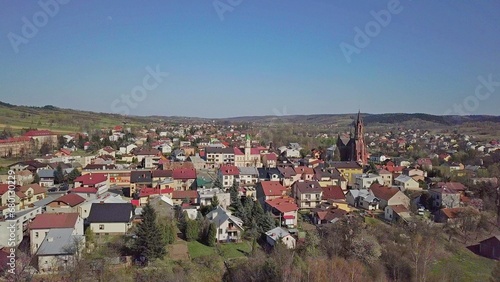 Kolaczyce, Poland - 9 9 2018: Photograph of the old part of a small town from a bird's flight. Aerial photography by drone or quadrocopter. Advertise tourist places in Europe. Planning a  photo