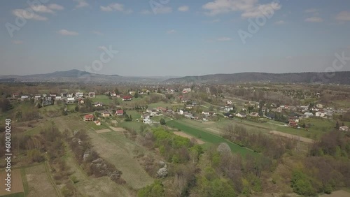 Kolaczyce, Poland - 9 9 2018: Photograph of the old part of a small town from a bird's flight. Aerial photography by drone or quadrocopter. Advertise tourist places in Europe. Planning a  photo