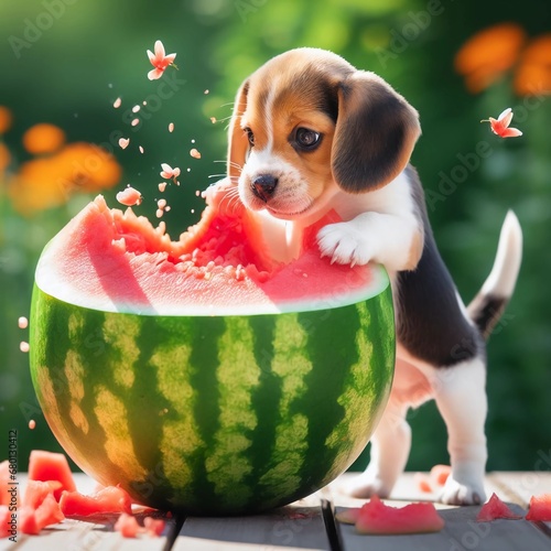 A dog trying to eat a whole watermelon