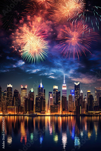 The beauty of New Year's fireworks illuminating the night sky over a city skyline. Generative AI