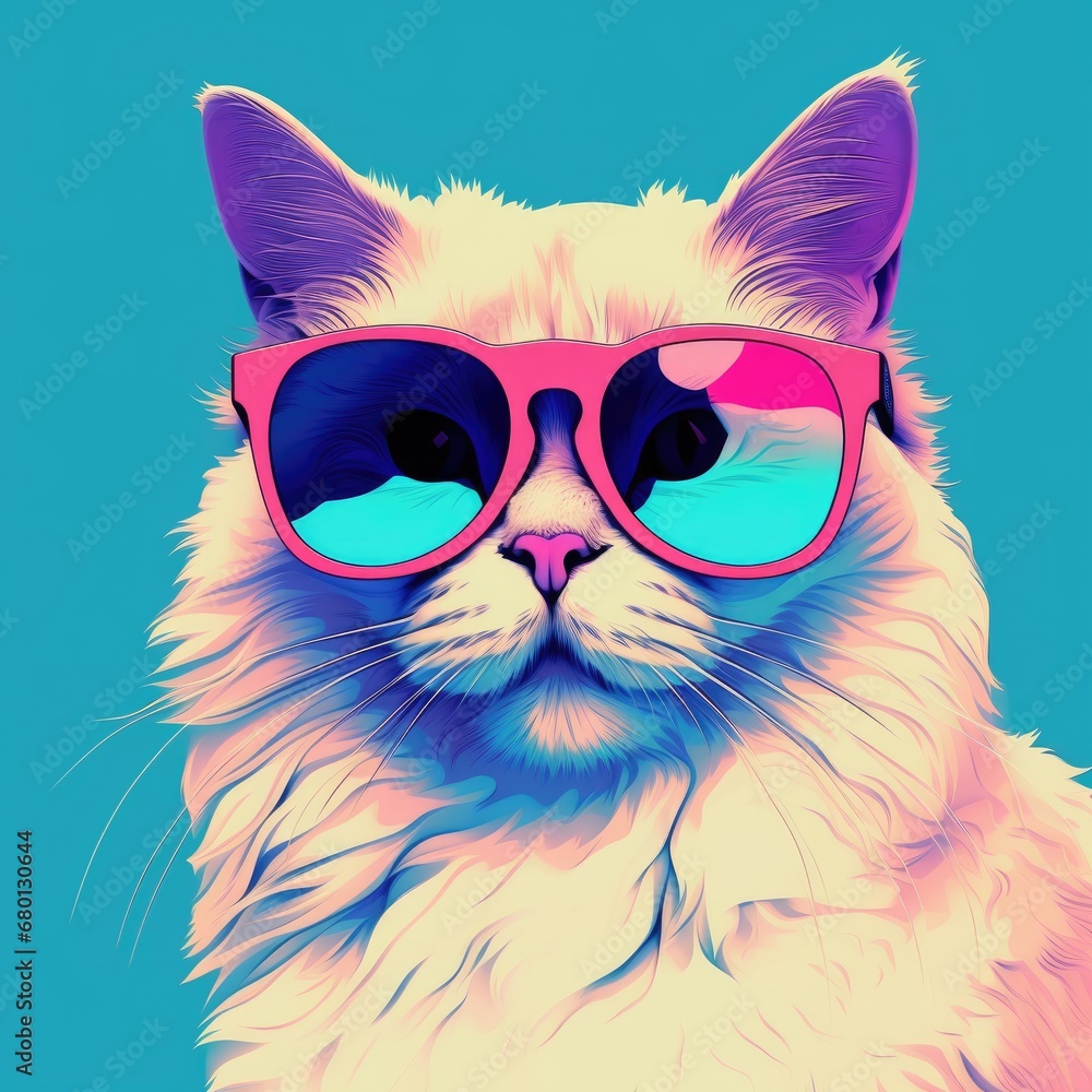 Stylish Ragdoll Cat with Sunglasses Pop Art Illustration