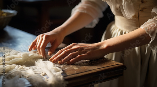 Woman preparing dough on table - ai generative