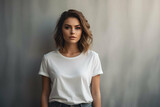 mock up of woman in white t-shirt on studio background
