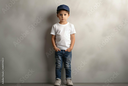 mock up of boy in white t-shirt on studio background