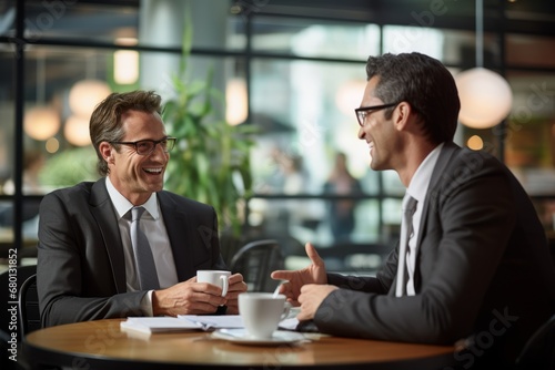 Businessmen exchanging work in a cafe