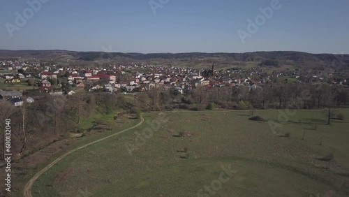 Kolaczyce, Poland - 9 9 2018: Photograph of the old part of a small town from a bird's flight. Aerial photography by drone or quadrocopter. Advertise tourist places in Europe. Planning a  photo