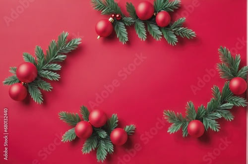 Christmas background with copy space. Top view New Years' card illustration with presents and pine Tree