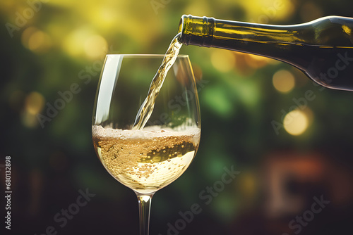 A striking image capturing the elegance of white wine being poured into a glass against a romantic blur background
