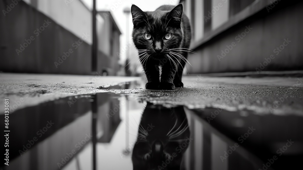 a black cat walking on a puddle - obrazy, fototapety, plakaty 