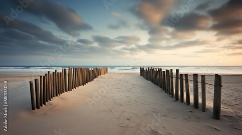 a wooden fence on a beach