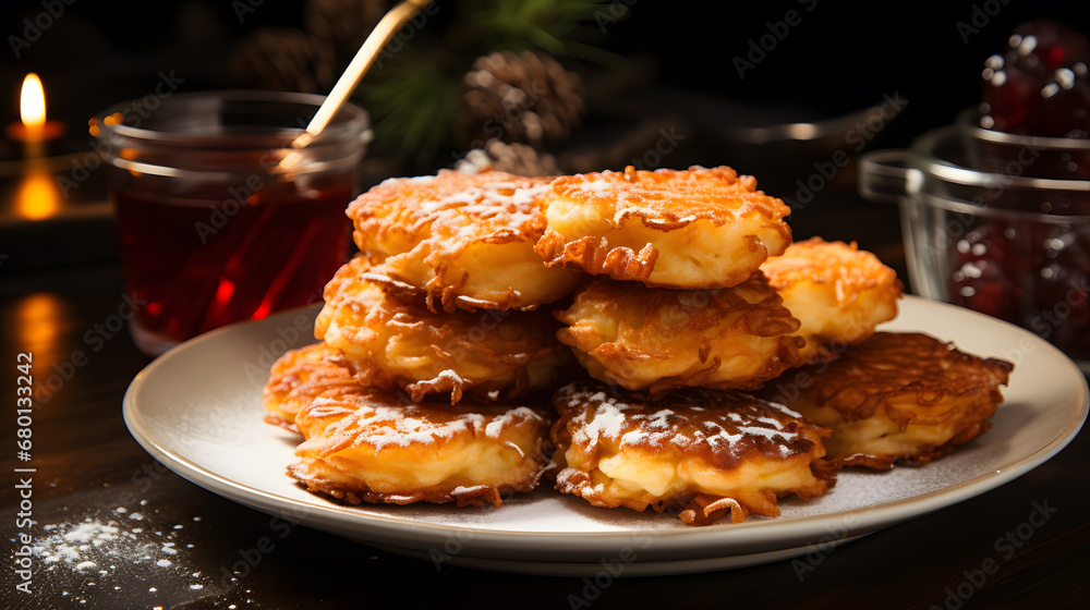 An appetizing picture of freshly fried latkes and sufganiyot, the delicious treats that add flavor to Hanukkah feasts. An appetizing picture of freshly fried latkes and sufganiyot, the delicious treats that add flavor to Hanukkah feasts.