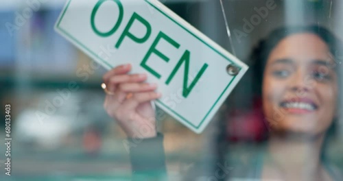 Door open sign, smile and restaurant woman, startup business owner or storefront boss start service day. Glass window billboard, happy hospitality employee and barista change morning poster of diner photo