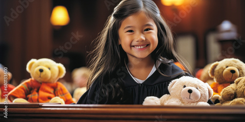 Girl in judge's robe presiding over stuffed animal jury.