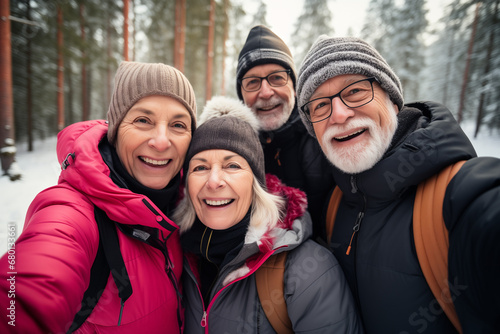 Elderly group of joyful individuals indulging in active winter leisure activities amidst picturesque snowy landscape, National Grandparents Day, International Day of Older Persons