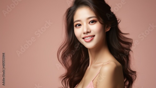 Korean Beauty Radiance: Gorgeous Girl in Skin Care Photography on Plain Pink Background, Beauty Product Commercial