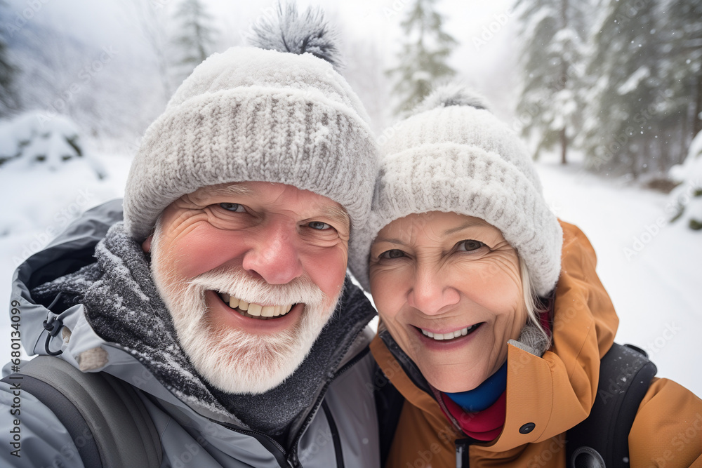 Elderly couple embracing the joy of an active winter getaway in a picturesque snowy landscape, National Grandparents Day, International Day of Older Persons Elderly couple embracing the joy of an active winter getaway in a picturesque snowy landscape, National Grandparents Day, International Day of Older Persons