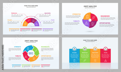 Set of SWOT Infographics with Editable Text on a 16:9 Layout for Business Presentations, Management, and Evaluation.