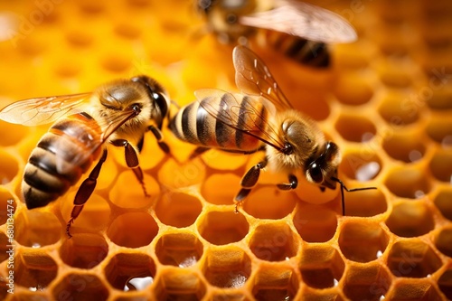 AI generated illustration of honeybees perched on a honeycomb © Wirestock