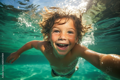 Boy grinning while swimming underwater in a lake.