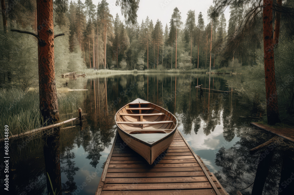 A boat by a lake in a forest, AI generated