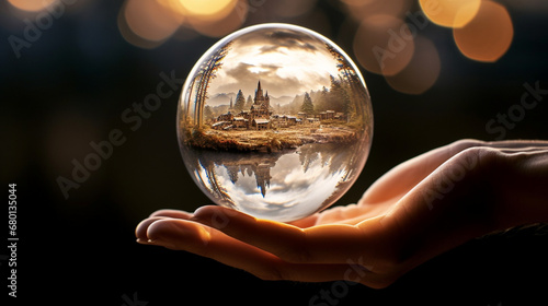 A hand gracefully holding a crystal ball  within which are swirling elements representing commitment  balance  participating  setting boundaries  and sustainability created with Generative Ai