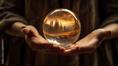A hand gracefully holding a crystal ball  within which are swirling elements representing commitment  balance  participating  setting boundaries  and sustainability created with Generative Ai