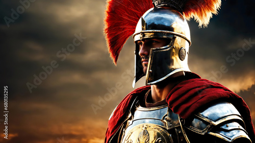 portrait of young roman legionary commander warrior. spartan hero soldier in golden armor, red cloak and helmet,on burning battlefield background. steel armor. Generative ai photo