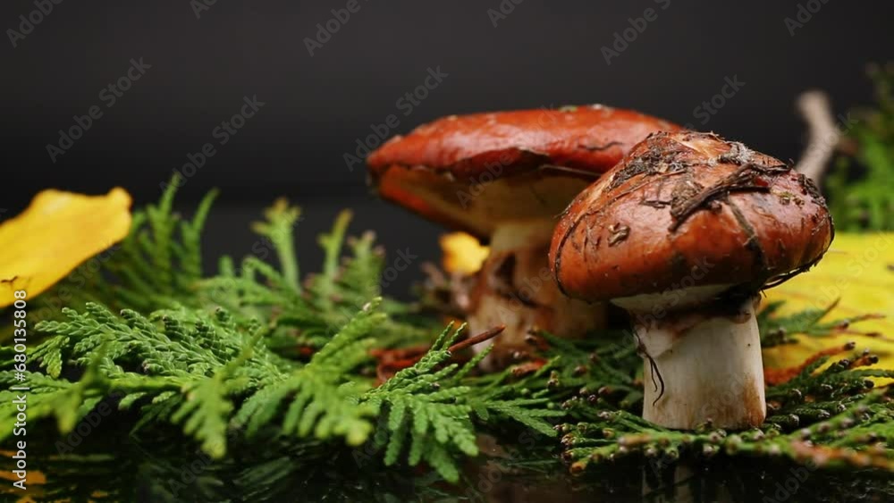 forest mushrooms with leaves, branches and fir trees on black background forest mushrooms with leaves, branches and fir trees on black background
