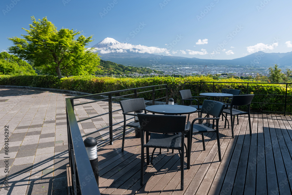 coffee patio at Fujigawa Service Area with mount Fuji, Shizuoka