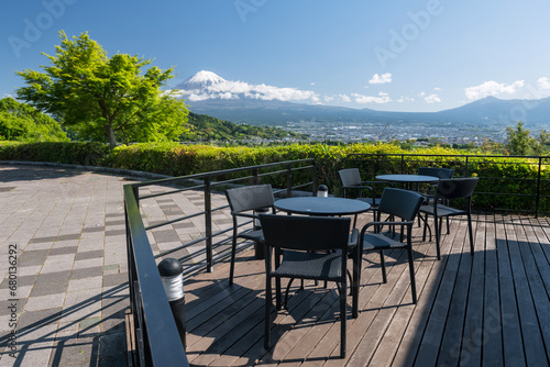 coffee patio at Fujigawa Service Area with mount Fuji  Shizuoka