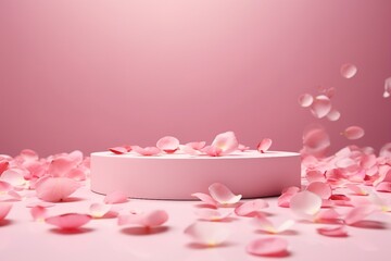 Pink product podium placement on solid background with rose petals falling. Luxury premium beauty, fashion, cosmetic and spa gift stand presentation. Valentine day present showcase. generative ai.