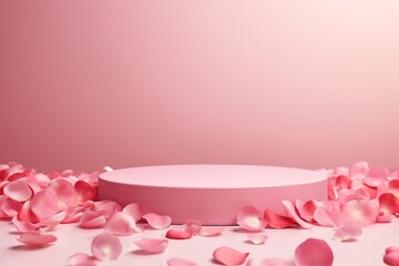 Pink product podium placement on solid background with rose petals falling. Luxury premium beauty, fashion, cosmetic and spa gift stand presentation. Valentine day present showcase. generative ai.