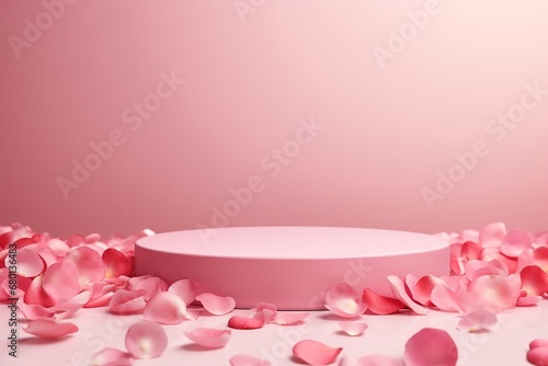 Pink product podium placement on solid background with rose petals falling. Luxury premium beauty, fashion, cosmetic and spa gift stand presentation. Valentine day present showcase. generative ai. © SEUNGJIN