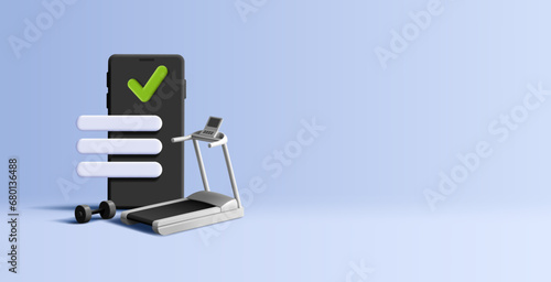 Mobile application for exercising in the gym. 3D. Treadmill, dumbbell, smartphone. For the concept of a healthy lifestyle. Vector