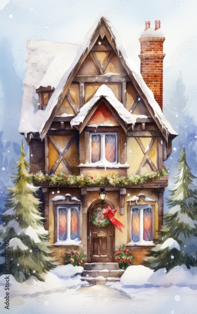 Snow-kissed cozy cottage with festive wreath, watercolor winter charm